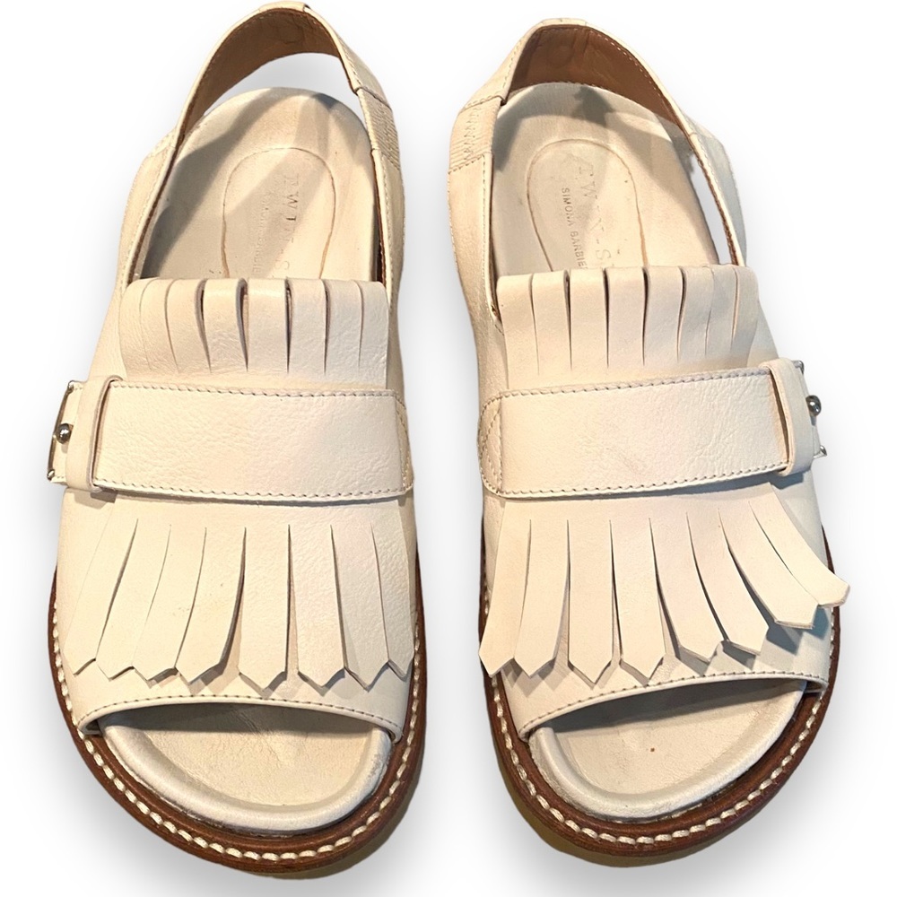 Twin Set by Simona Barbieri Cream Leather Fringe Tassle Slingback Loafer SZ 7/37